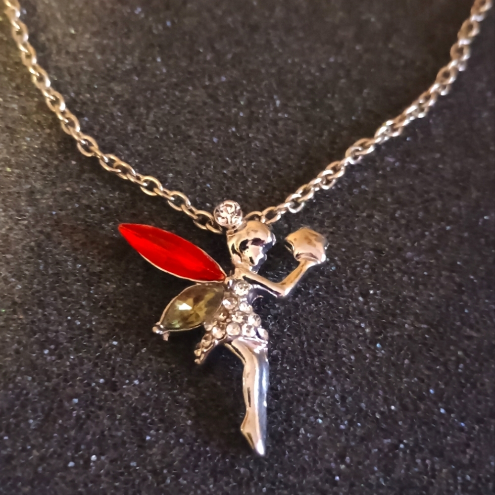 Silver Fairy Pendant Necklace with Red and Green Accents